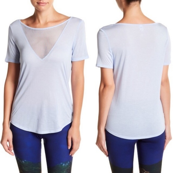 alo Yoga Shadow Short Sleeve Top Sky Blue Mesh Cut - Picture 3 of 4